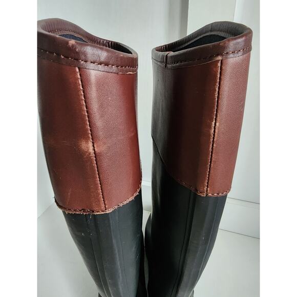 Tory Burch Diana Tall Rubber Rain Boots Womens Size 6 Logo Black Brown Logo - Picture 6 of 11
